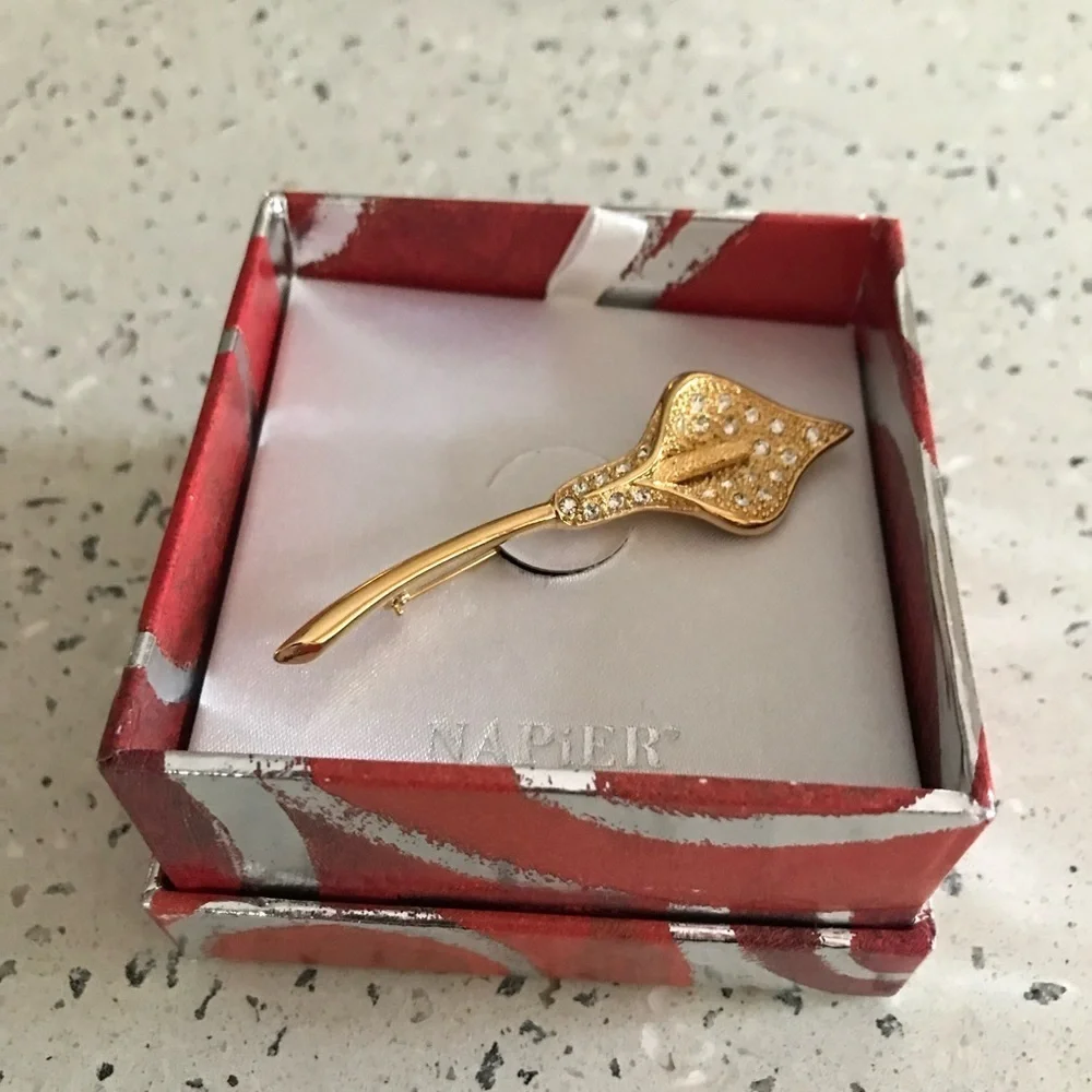 Napier Gold-Tone Calla Lily Flower Brooch, Pave Set Rhinestones in …